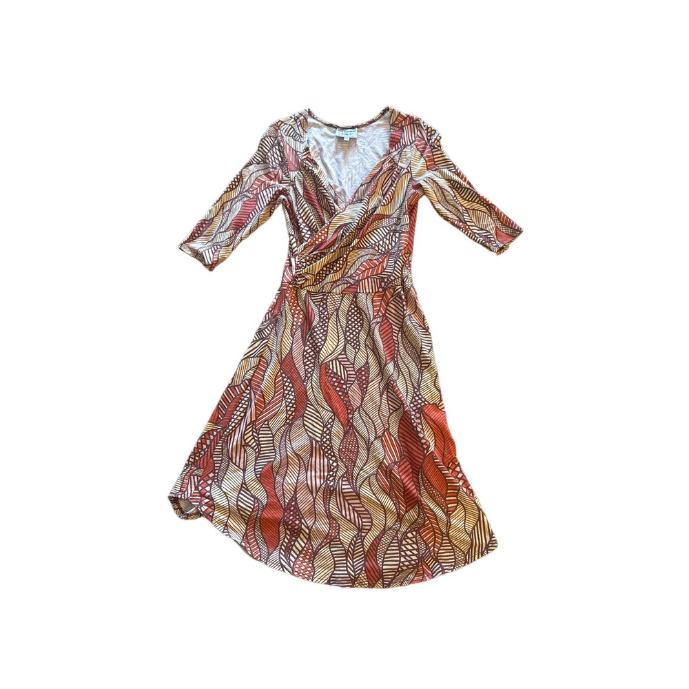 Women XS Blue Platypus Brown Leaf Print Dress Surplice Wrap 3/4 Slv Stretchy